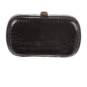 Vintage Bottega Veneta Black Croc-Embossed Box Clutch with Gold Clasp